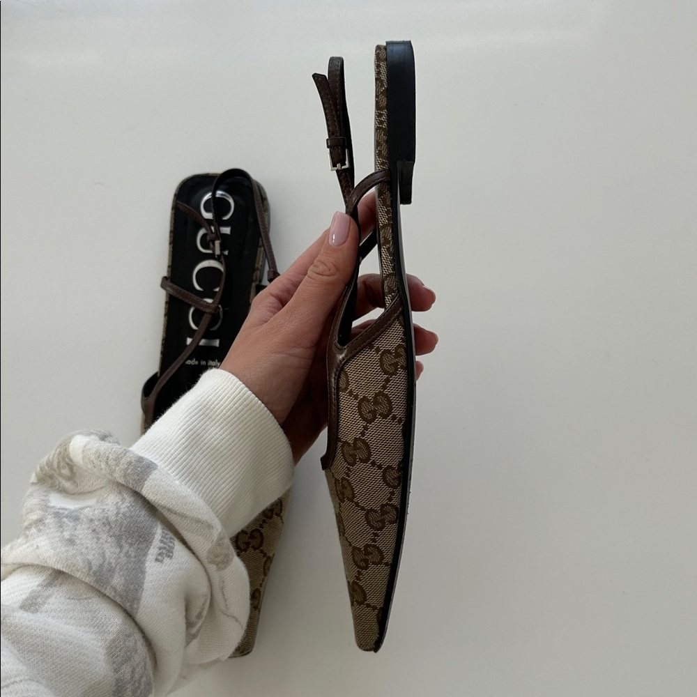 Gucci Beige Monogram Slingback Flats - Picture 9 of 13